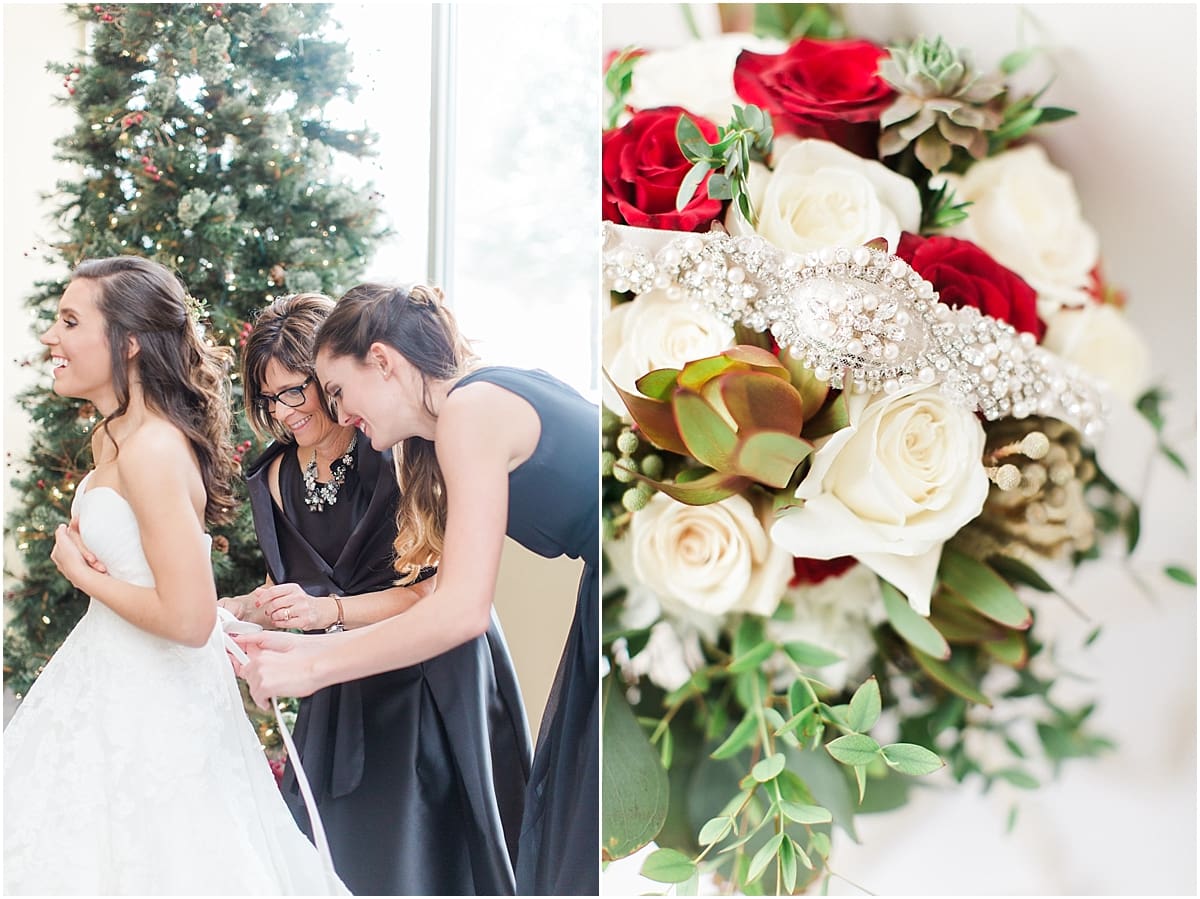 Arielle Peters Photography | Mother and sister of bride helping bride get ready on winter wedding day in Goshen, Indiana.