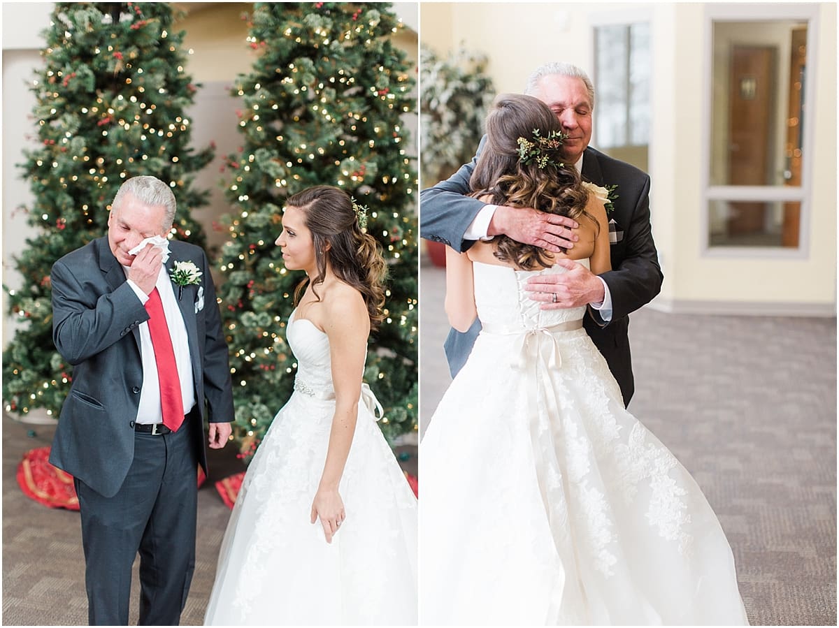Arielle Peters Photography | Father of bride and bride having first reveal on winter wedding day in Goshen, Indiana.