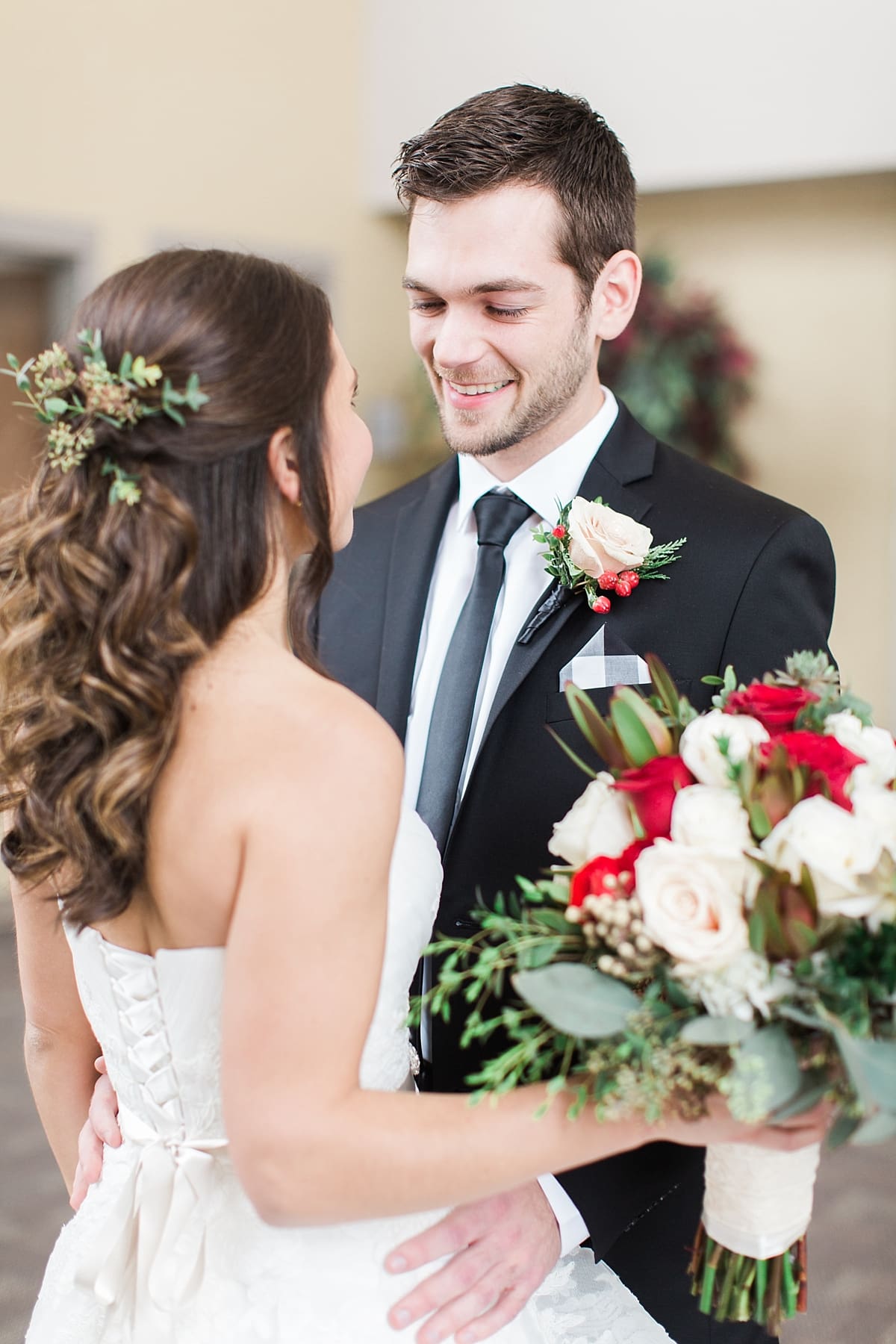 Arielle Peters Photography | Bride and groom having first reveal on winter wedding day in Goshen, Indiana.