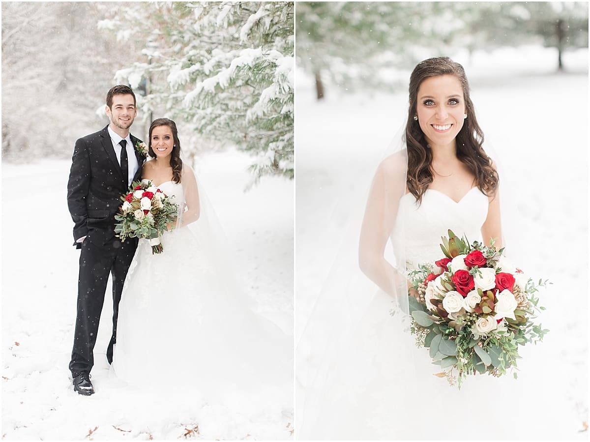 Arielle Peters Photography | Bride and groom in the snow under large pine trees on winter wedding day in Goshen, Indiana.