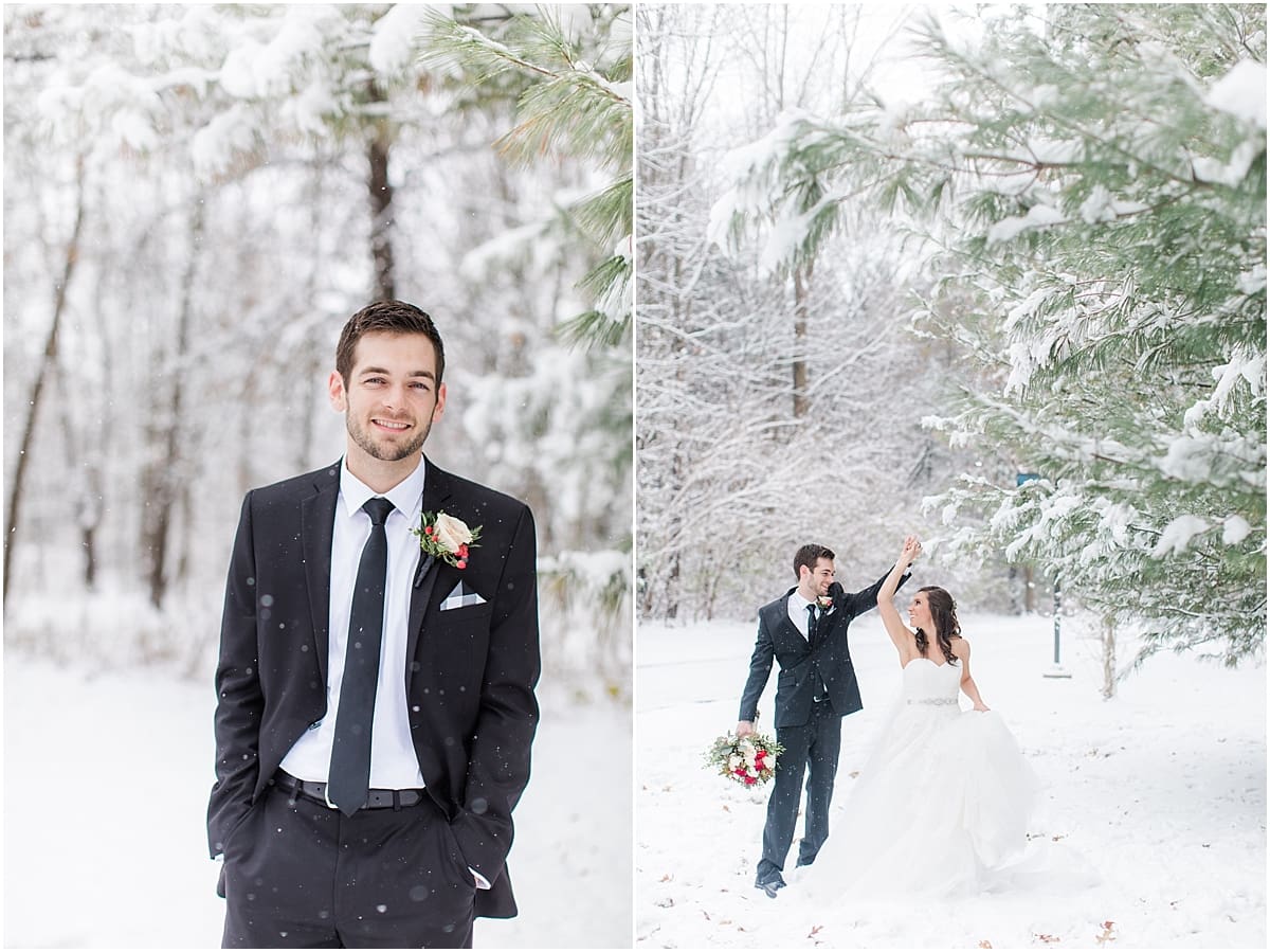 Arielle Peters Photography | Bride and groom dancing in the snow under large pine trees on winter wedding day in Goshen, Indiana.