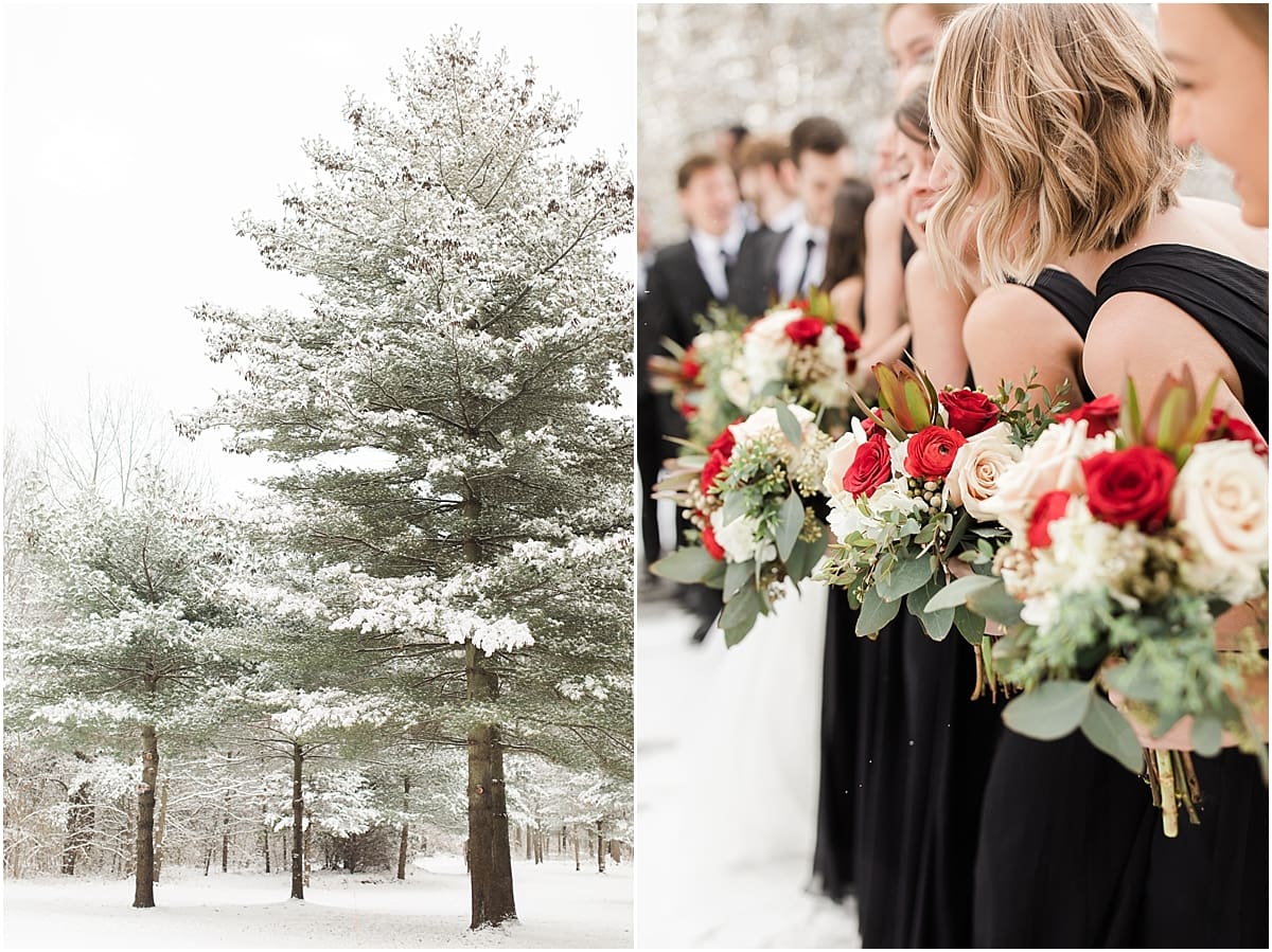 Arielle Peters Photography | Bridesmaids bouquets in the snow on winter wedding day in Goshen, Indiana.