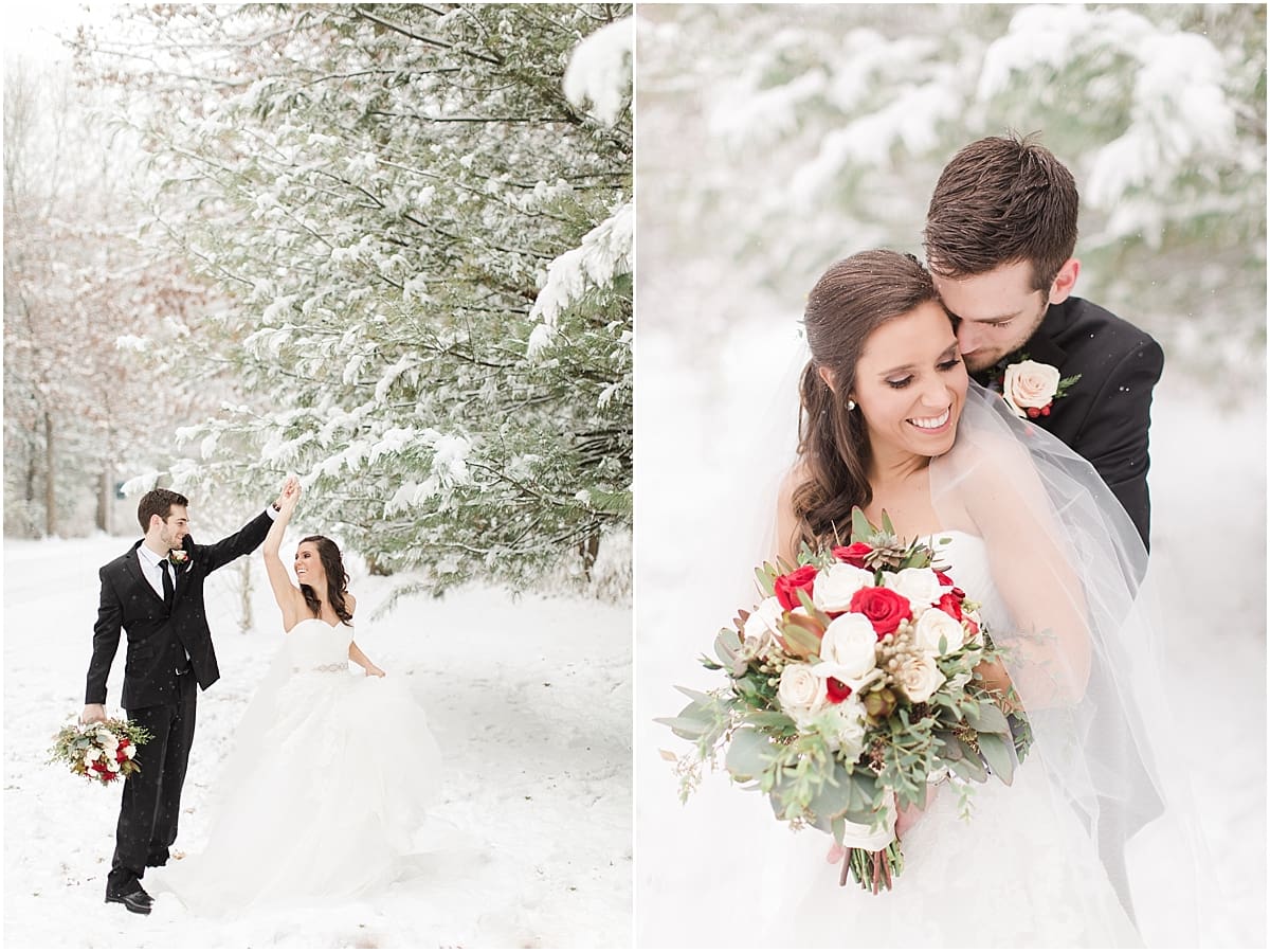 Arielle Peters Photography | Bride and groom dancing in the snow under large pine trees on winter wedding day in Goshen, Indiana.