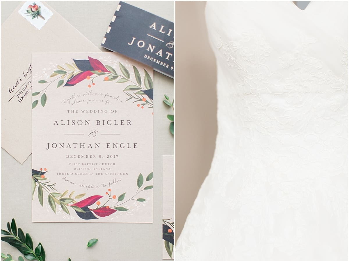 Arielle Peters Photography | Wedding invitation and details on cream background on winter wedding day in Goshen, Indiana.