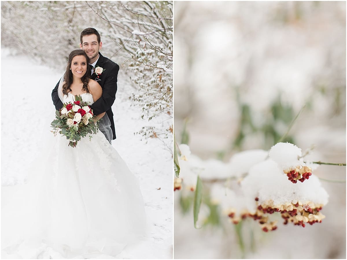 Arielle Peters Photography | Bride and groom in the snow under large pine trees on winter wedding day in Goshen, Indiana.