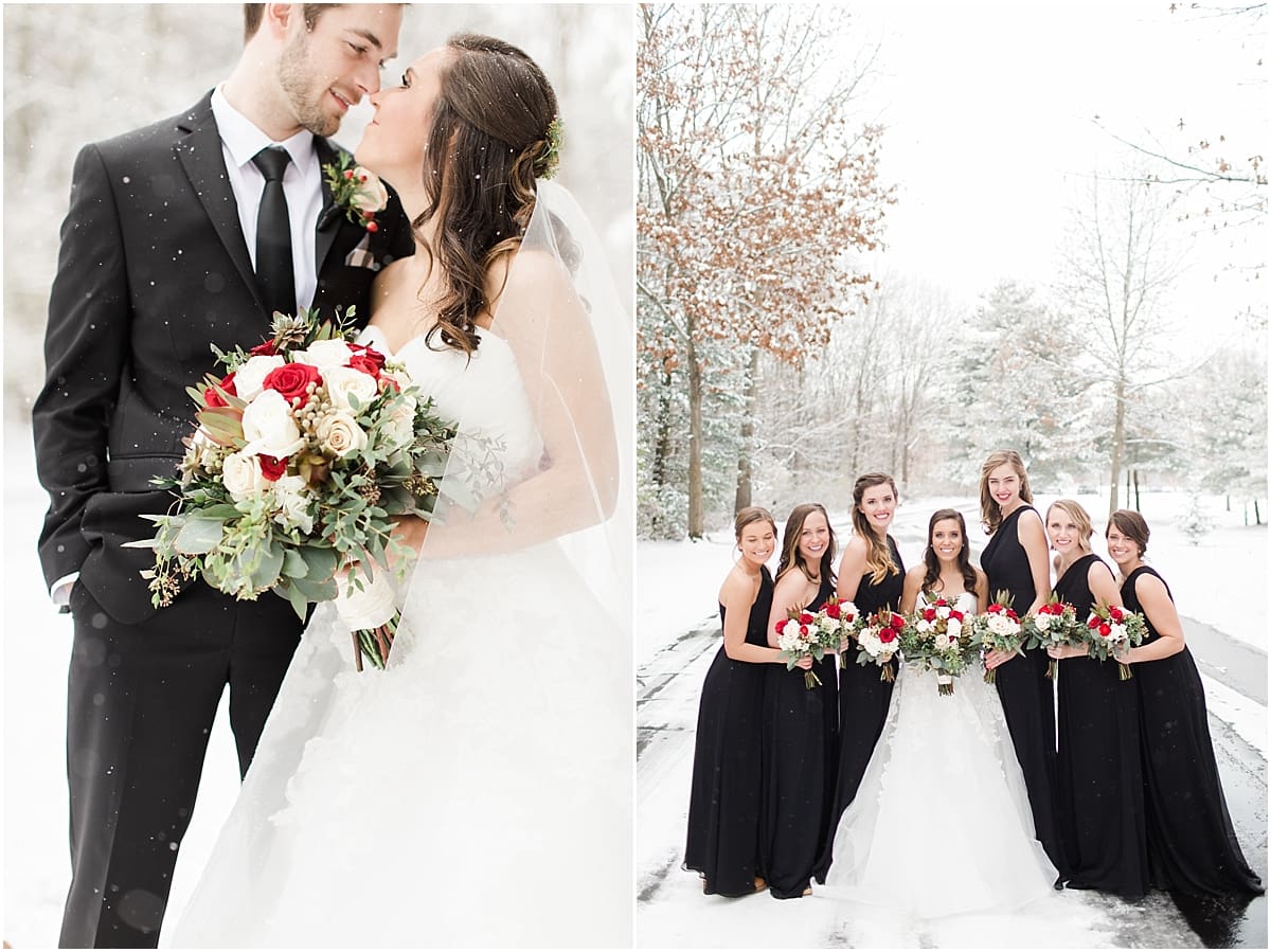 Arielle Peters Photography | Bride and groom in the snow under large pine trees on winter wedding day in Goshen, Indiana.