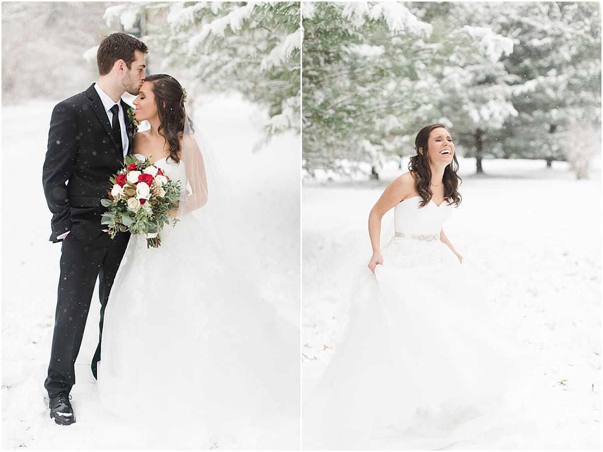 Arielle Peters Photography | Bride and groom kissing in the snow under large pine trees on winter wedding day in Goshen, Indiana.