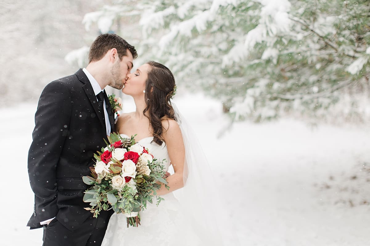 Arielle Peters Photography | Bride and groom kissing in the snow under large pine trees on winter wedding day in Goshen, Indiana.