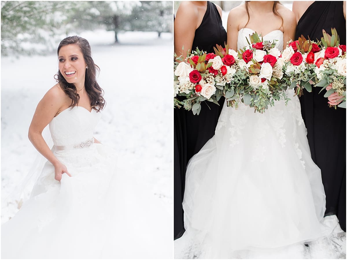Arielle Peters Photography | Bride and bridesmaids holding bouquets in the snow under large pine trees on winter wedding day in Goshen, Indiana.