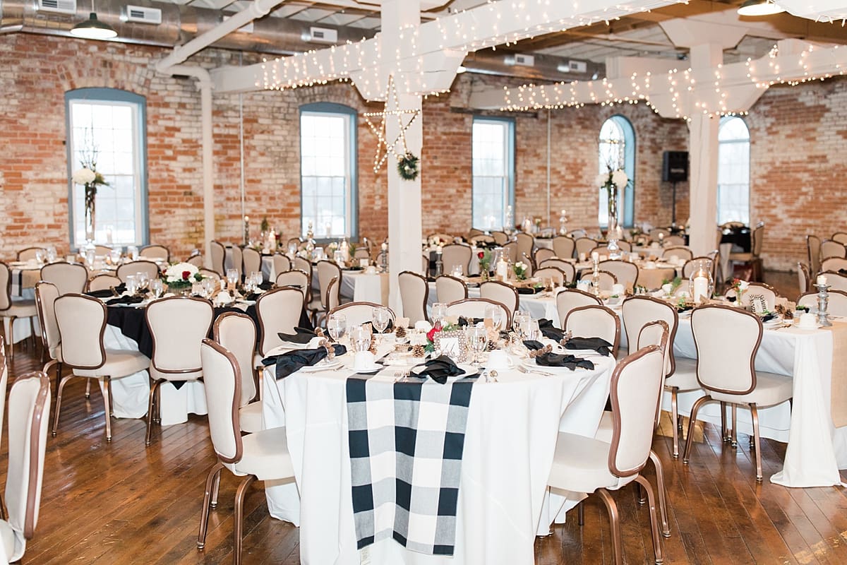 Arielle Peters Photography | Winter wedding reception table settings and floral arrangements on winter wedding day in Goshen, Indiana.