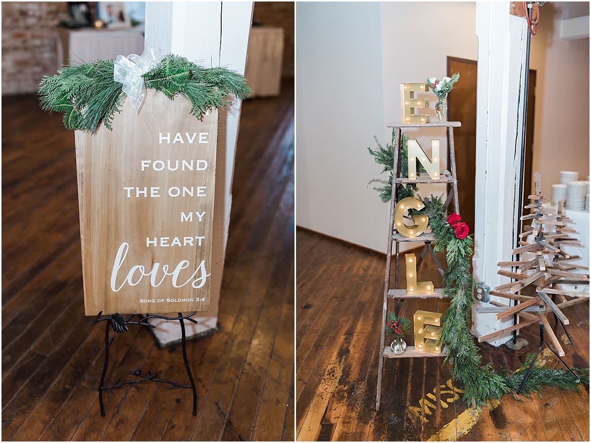Arielle Peters Photography | Winter wedding reception table settings and floral arrangements on winter wedding day in Goshen, Indiana.