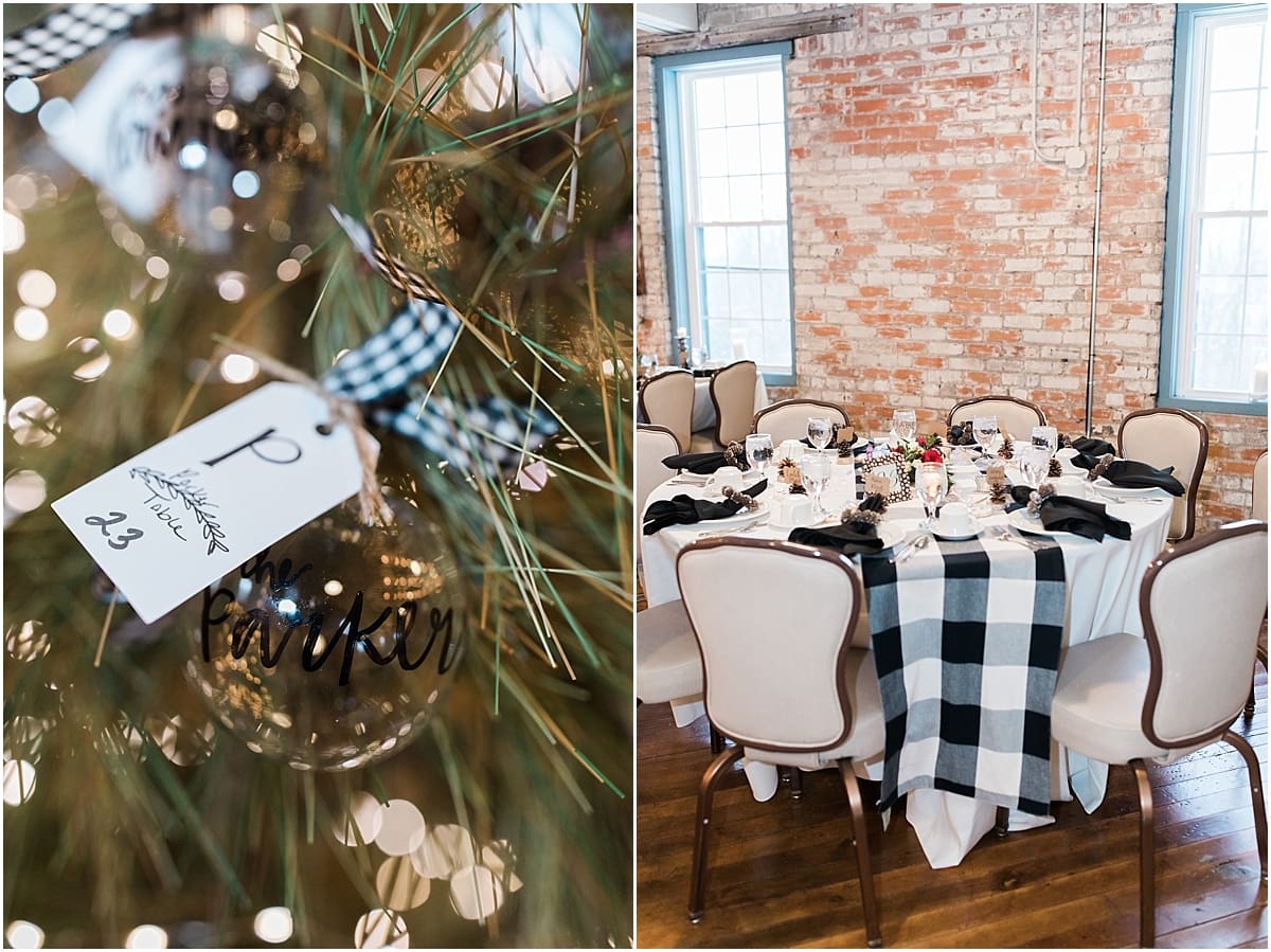 Arielle Peters Photography | Winter wedding reception table settings and floral arrangements on winter wedding day in Goshen, Indiana.