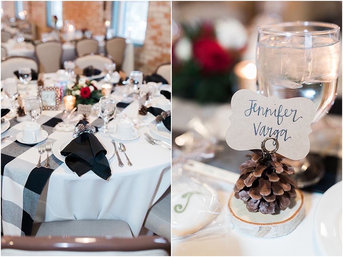 Arielle Peters Photography | Winter wedding reception table settings and floral arrangements on winter wedding day in Goshen, Indiana.