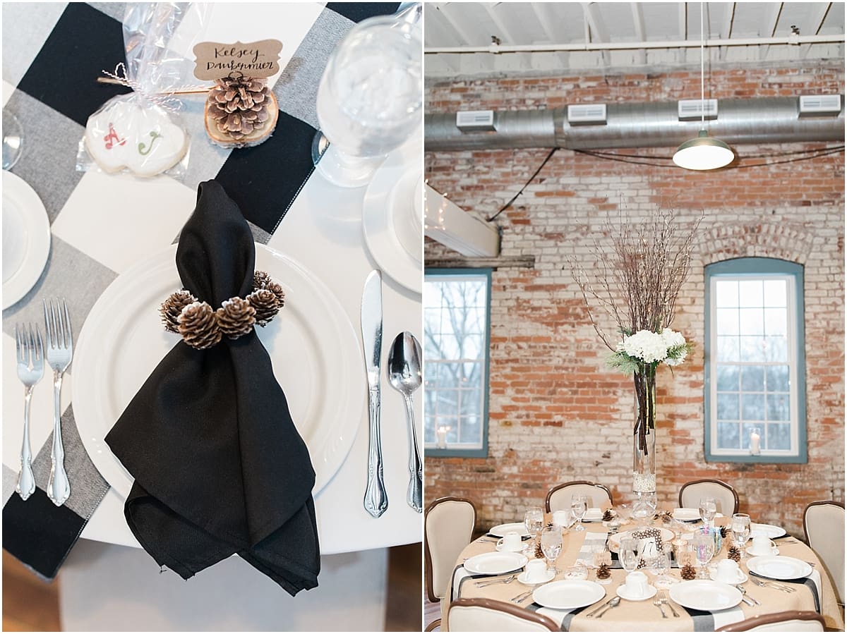 Arielle Peters Photography | Winter wedding reception table settings and floral arrangements on winter wedding day in Goshen, Indiana.