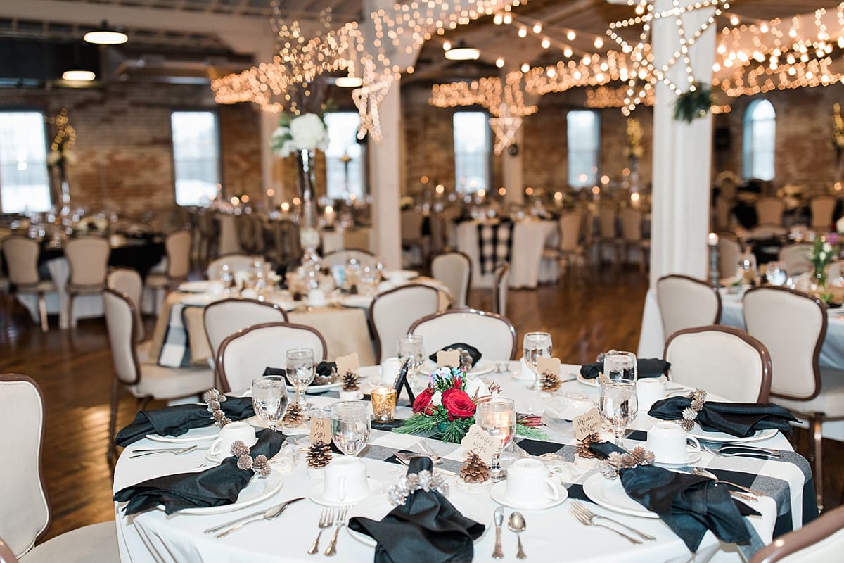 Arielle Peters Photography | Winter wedding reception table settings and floral arrangements on winter wedding day in Goshen, Indiana.