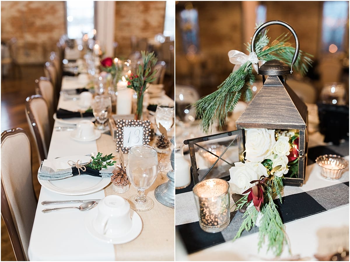 Arielle Peters Photography | Winter wedding reception table settings and floral arrangements on winter wedding day in Goshen, Indiana.