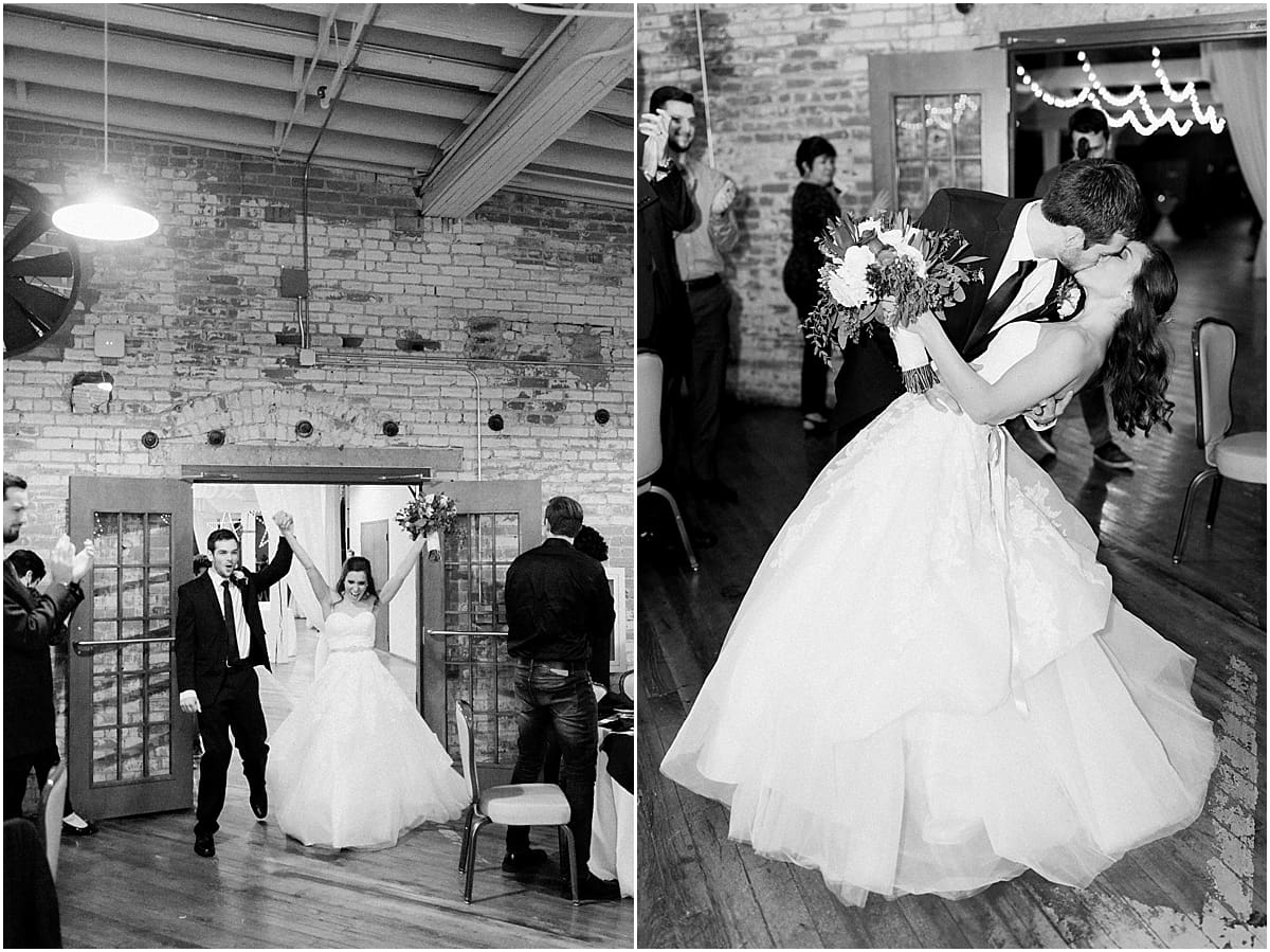 Arielle Peters Photography | Bride and groom entering wedding reception on winter wedding day in Goshen, Indiana.