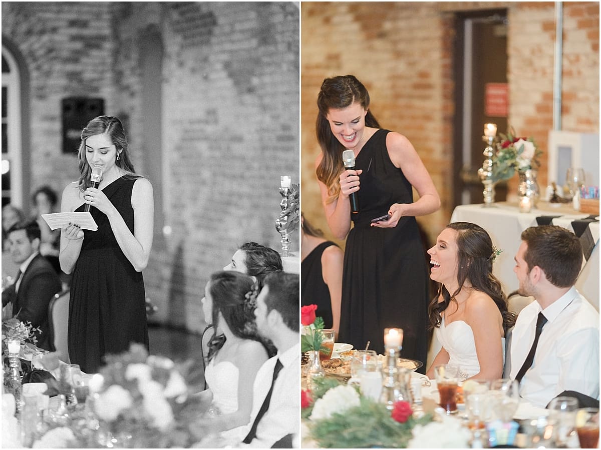 Arielle Peters Photography | Bride and groom laughing during speeches at wedding reception on winter wedding day in Goshen, Indiana.