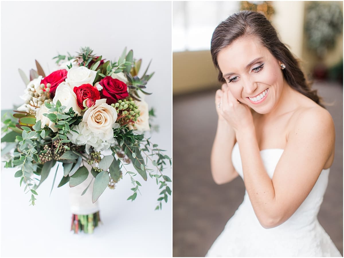 Arielle Peters Photography | Bride putting on earrings while getting ready on winter wedding day in Goshen, Indiana.