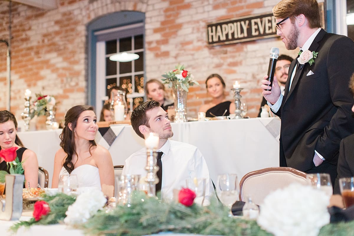 Arielle Peters Photography | Best man giving a speech at wedding reception on winter wedding day in Goshen, Indiana.