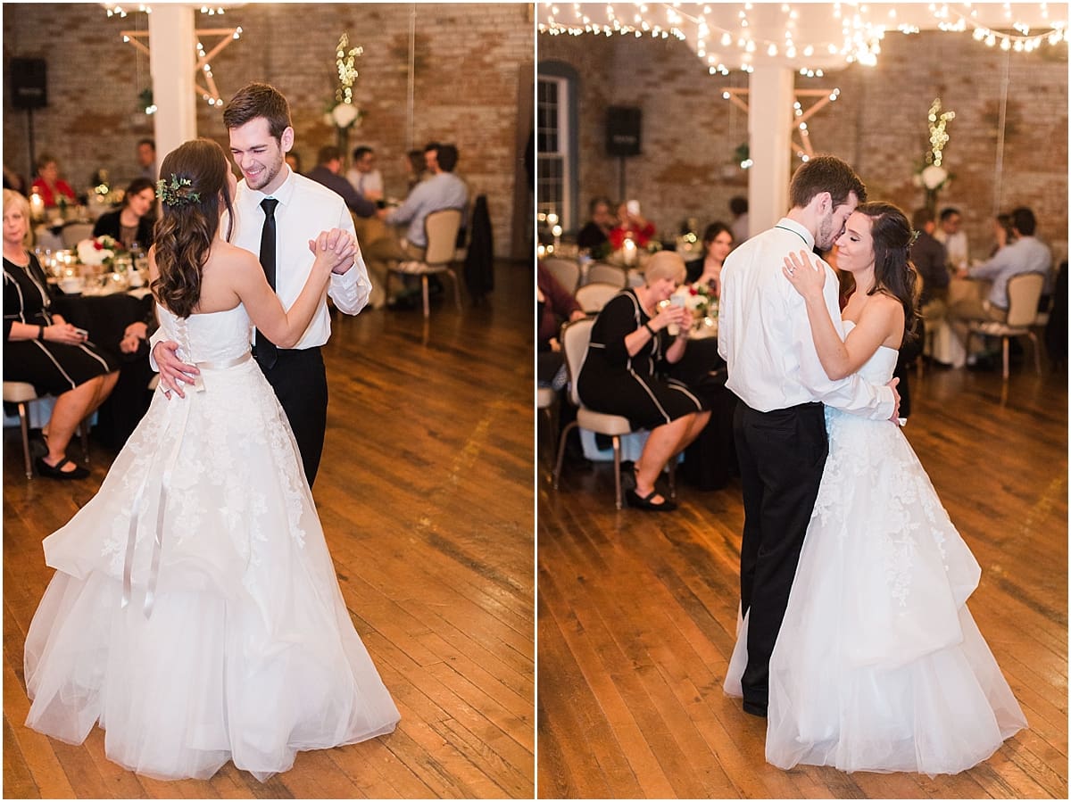 Arielle Peters Photography | Bride and groom sharing first dance at wedding reception on winter wedding day in Goshen, Indiana.