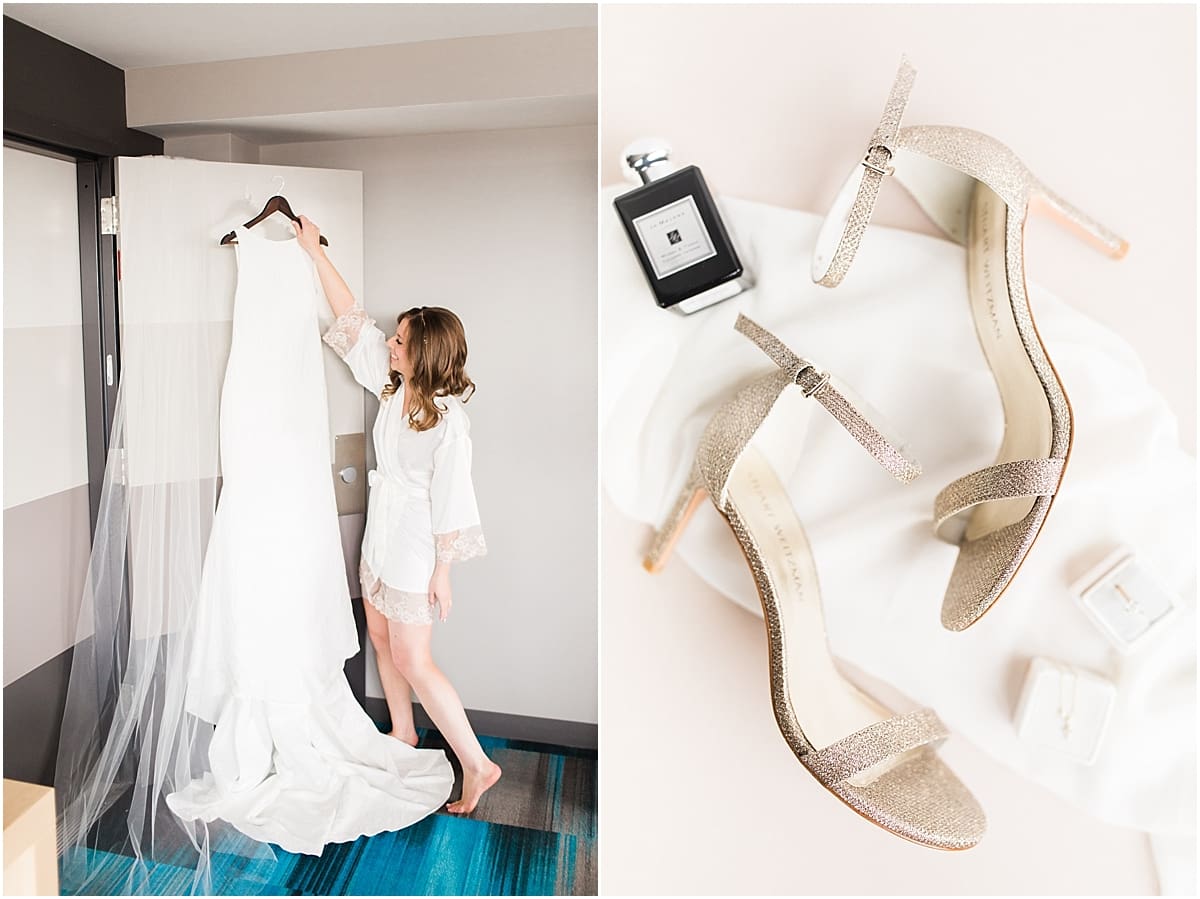 Arielle Peters Photography | Wedding gown hanging in doorway on wedding day inside the Basilica of the Sacred Heart in Notre Dame, Indiana.
