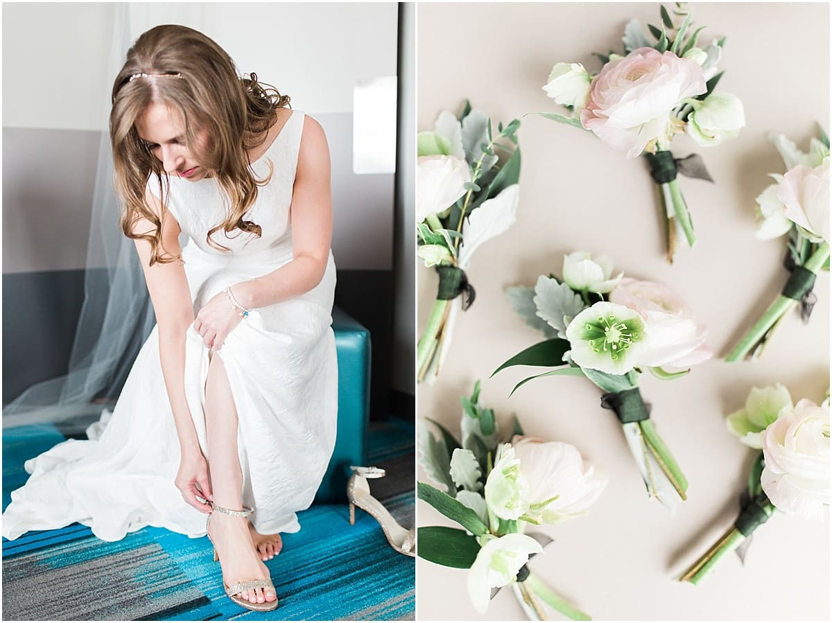 Arielle Peters Photography | Bride putting on shoes on wedding day inside the Basilica of the Sacred Heart in Notre Dame, Indiana.