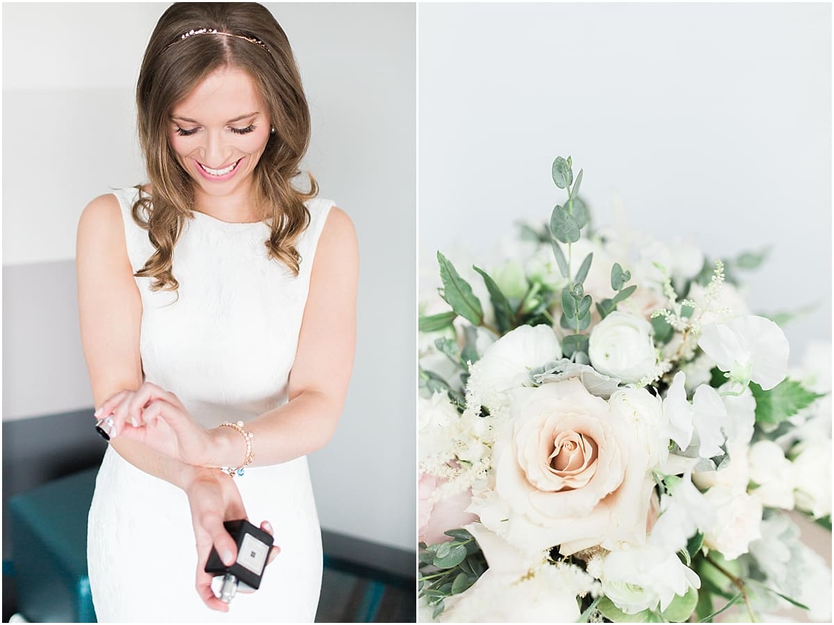 Arielle Peters Photography | Bride putting on perfume on wedding day inside the Basilica of the Sacred Heart in Notre Dame, Indiana.