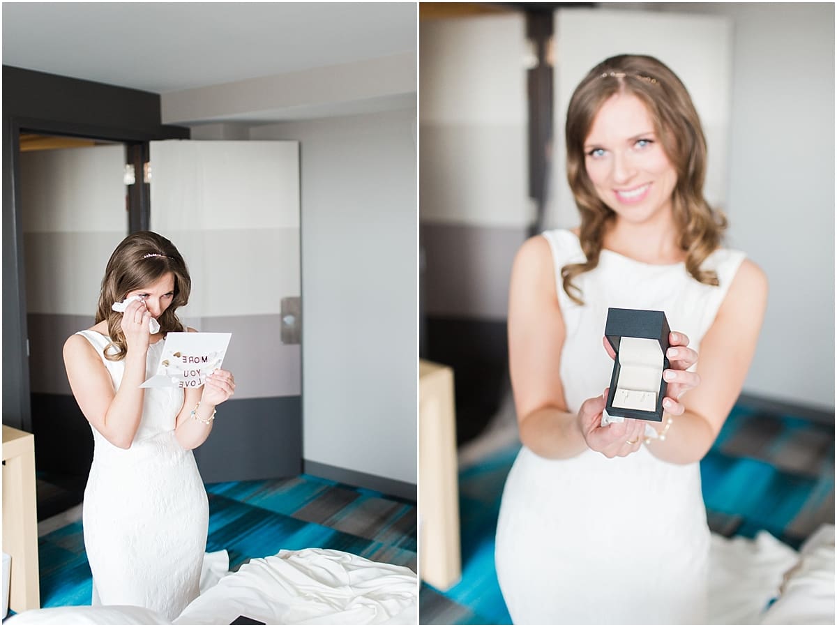 Arielle Peters Photography | Bride reading intimate note on wedding day inside the Basilica of the Sacred Heart in Notre Dame, Indiana.