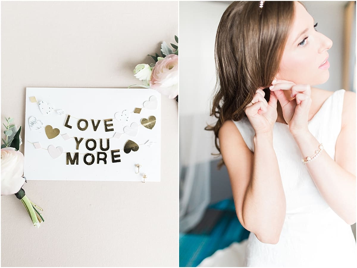Arielle Peters Photography | Bride putting on earrings on wedding day inside the Basilica of the Sacred Heart in Notre Dame, Indiana.