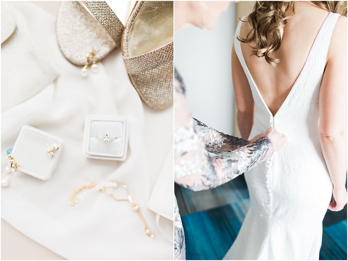 Arielle Peters Photography | Mother of bride helping bride get dressed on wedding day inside the Basilica of the Sacred Heart in Notre Dame, Indiana.