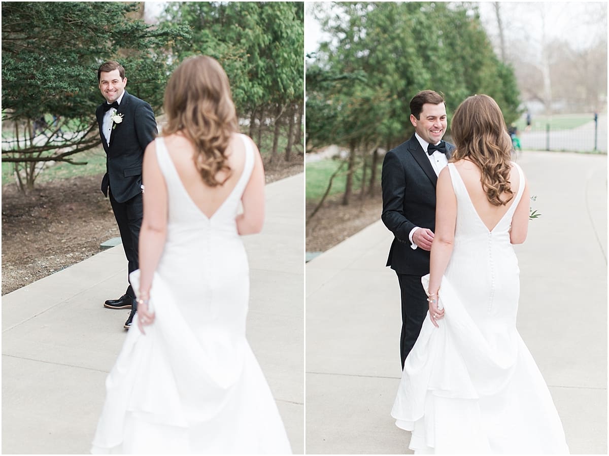 Arielle Peters Photography | Bride and groom having first reveal on wedding day at the Basilica of the Sacred Heart in Notre Dame, Indiana.