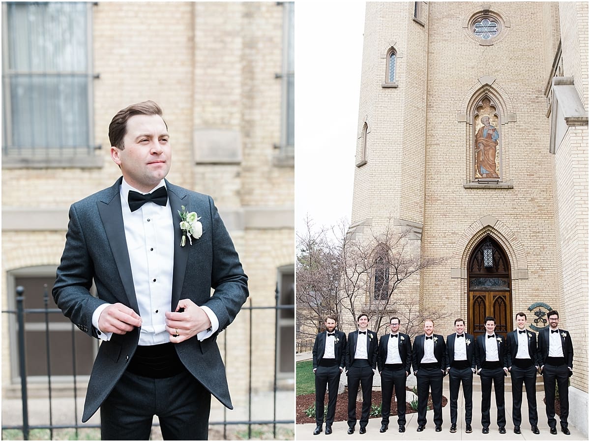 Arielle Peters Photography | Groom and groomsmen outside cathedral on wedding day at the Basilica of the Sacred Heart in Notre Dame, Indiana.