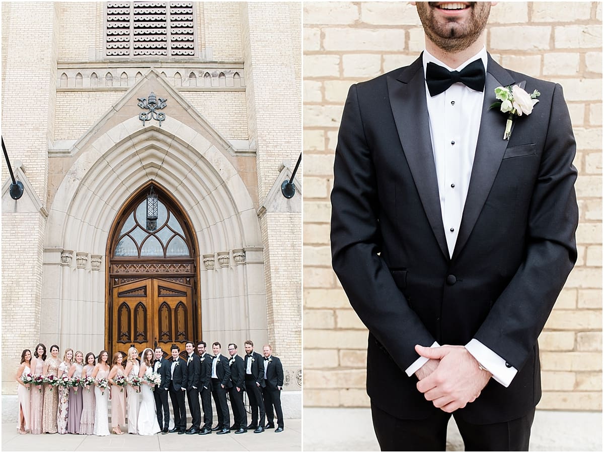 Arielle Peters Photography | Wedding party outside cathedral doors on wedding day at the Basilica of the Sacred Heart in Notre Dame, Indiana.