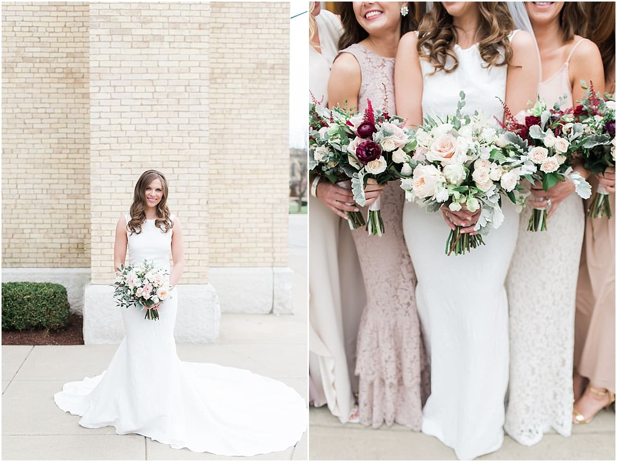 Arielle Peters Photography | Bride and bridesmaids outside cathedral on wedding day at the Basilica of the Sacred Heart in Notre Dame, Indiana.