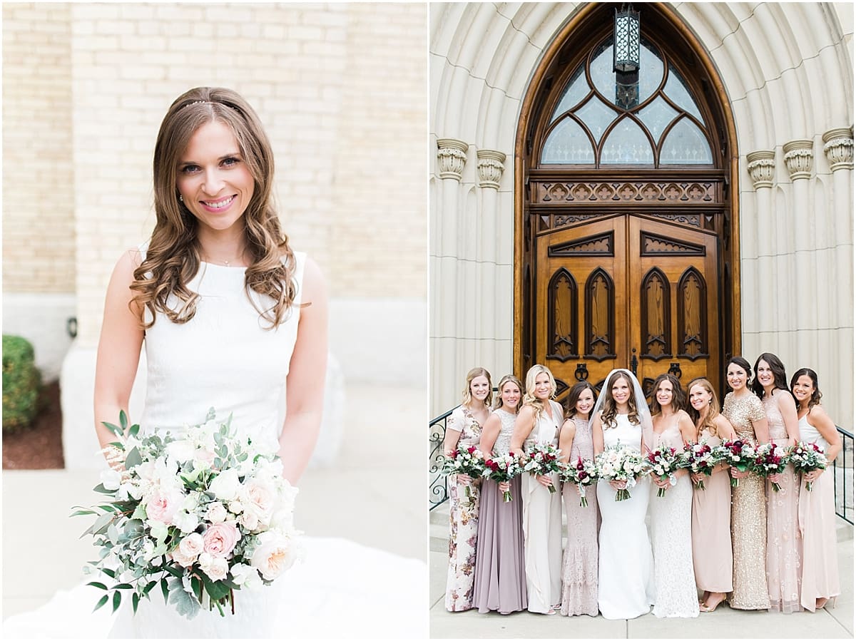 Arielle Peters Photography | Bride and bridesmaids outside cathedral doors on wedding day at the Basilica of the Sacred Heart in Notre Dame, Indiana.