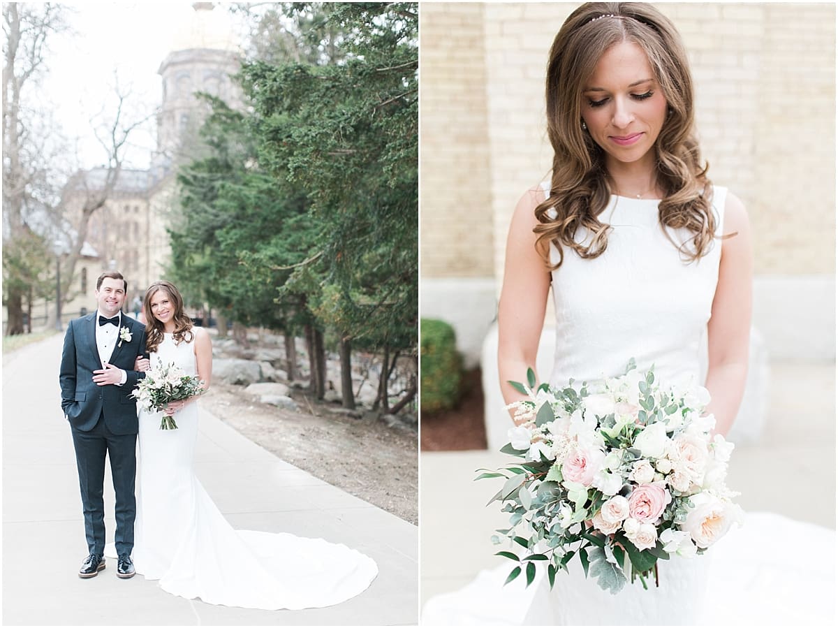 Arielle Peters Photography | Bride and groom walking outside of cathedral on wedding day at the Basilica of the Sacred Heart in Notre Dame, Indiana.