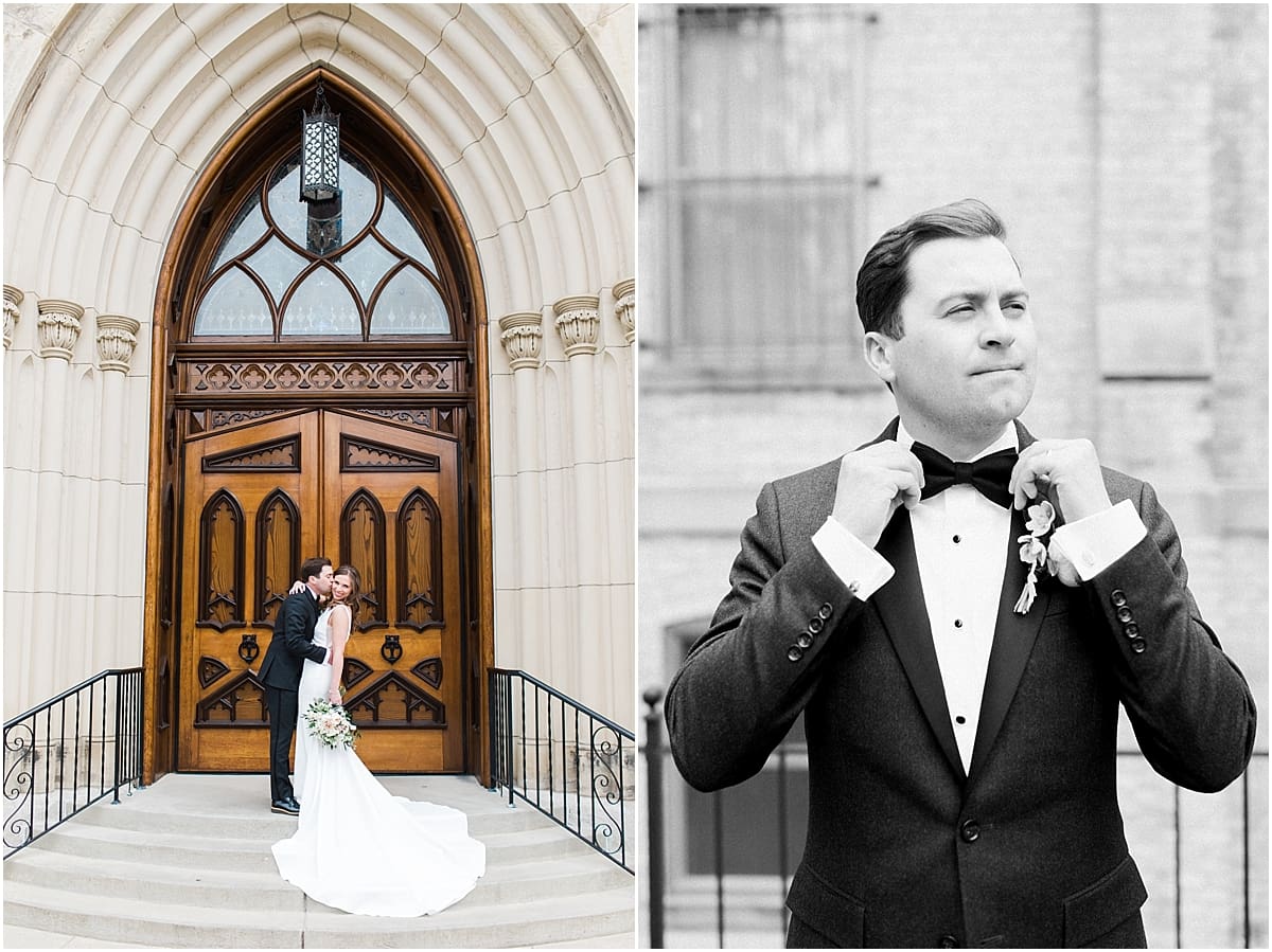 Arielle Peters Photography | Bride and groom kissing in front of cathedral doors on wedding day at the Basilica of the Sacred Heart in Notre Dame, Indiana.