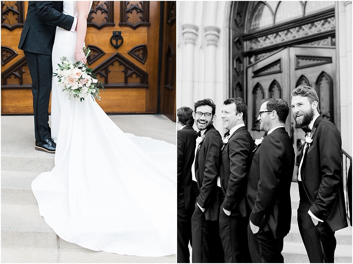 Arielle Peters Photography | Bride and groom in front of cathedral doors on wedding day at the Basilica of the Sacred Heart in Notre Dame, Indiana.