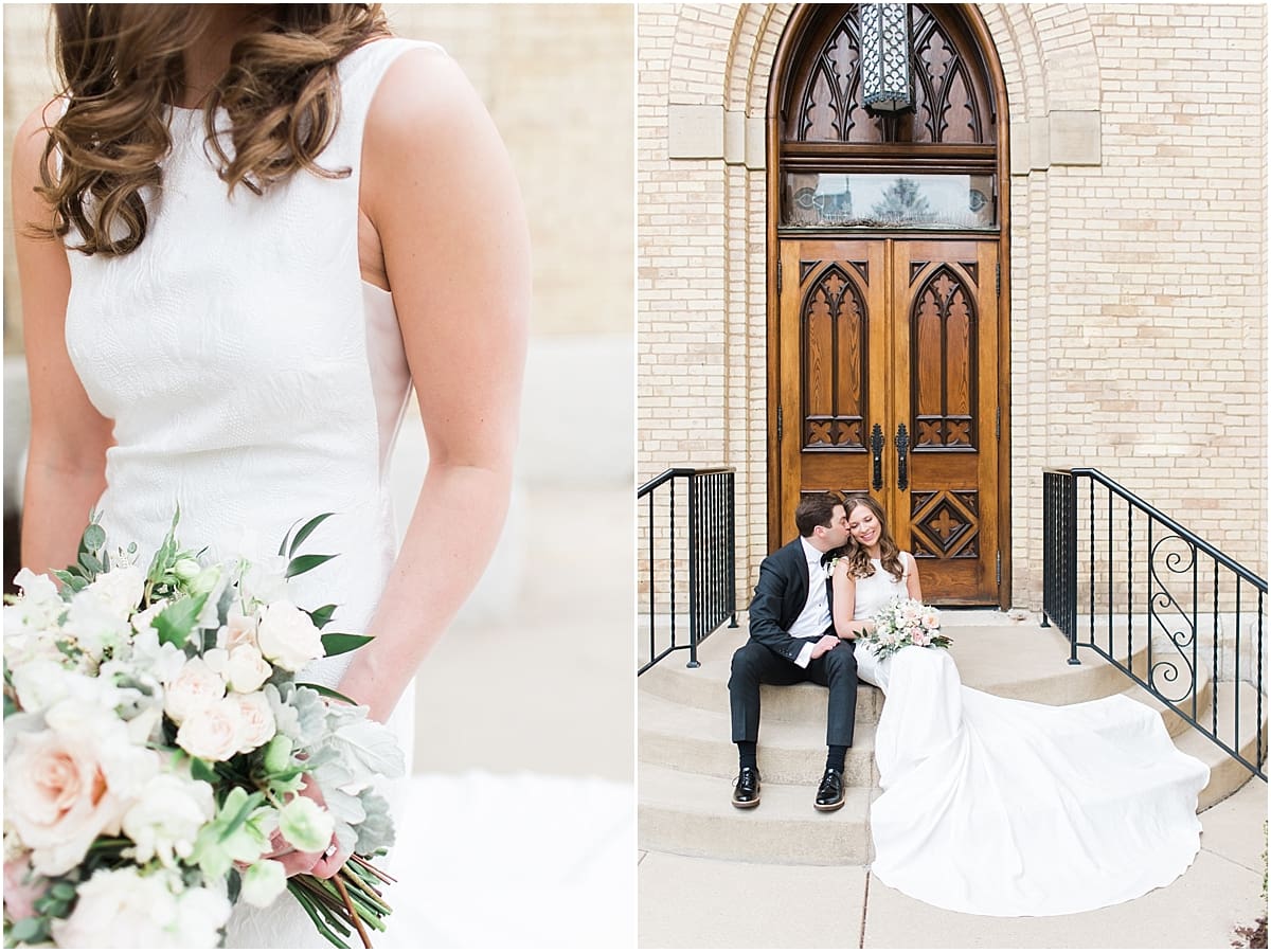 Arielle Peters Photography | Bride and groom kissing in front of cathedral doors on wedding day at the Basilica of the Sacred Heart in Notre Dame, Indiana.