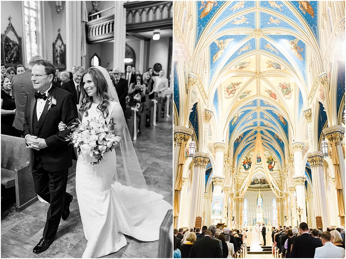 Arielle Peters Photography | Father of bride walking bride down aisle inside cathedral on wedding day at the Basilica of the Sacred Heart in Notre Dame, Indiana.
