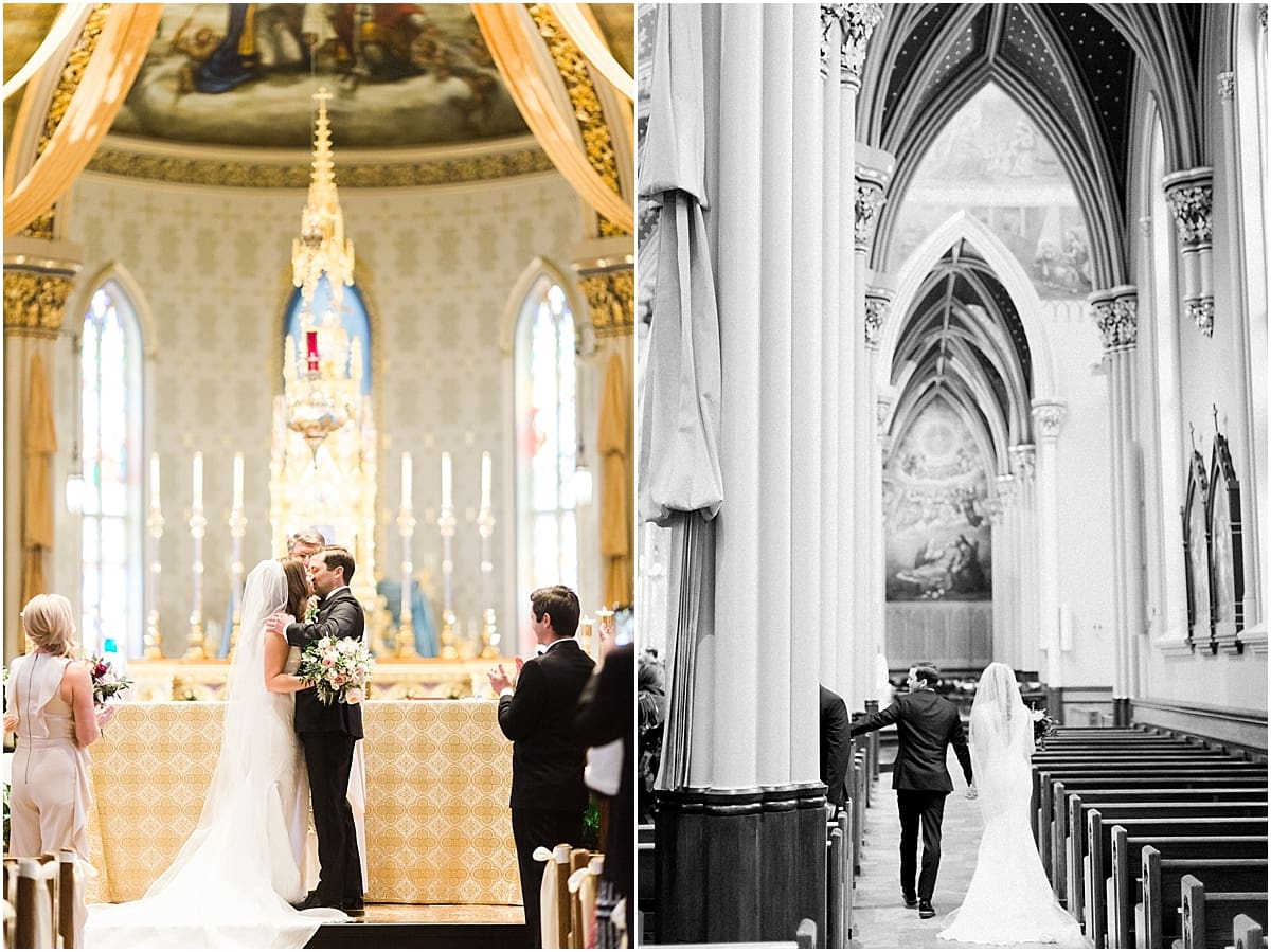 Arielle Peters Photography | Bride and groom kissing at alter inside cathedral on wedding day at the Basilica of the Sacred Heart in Notre Dame, Indiana.