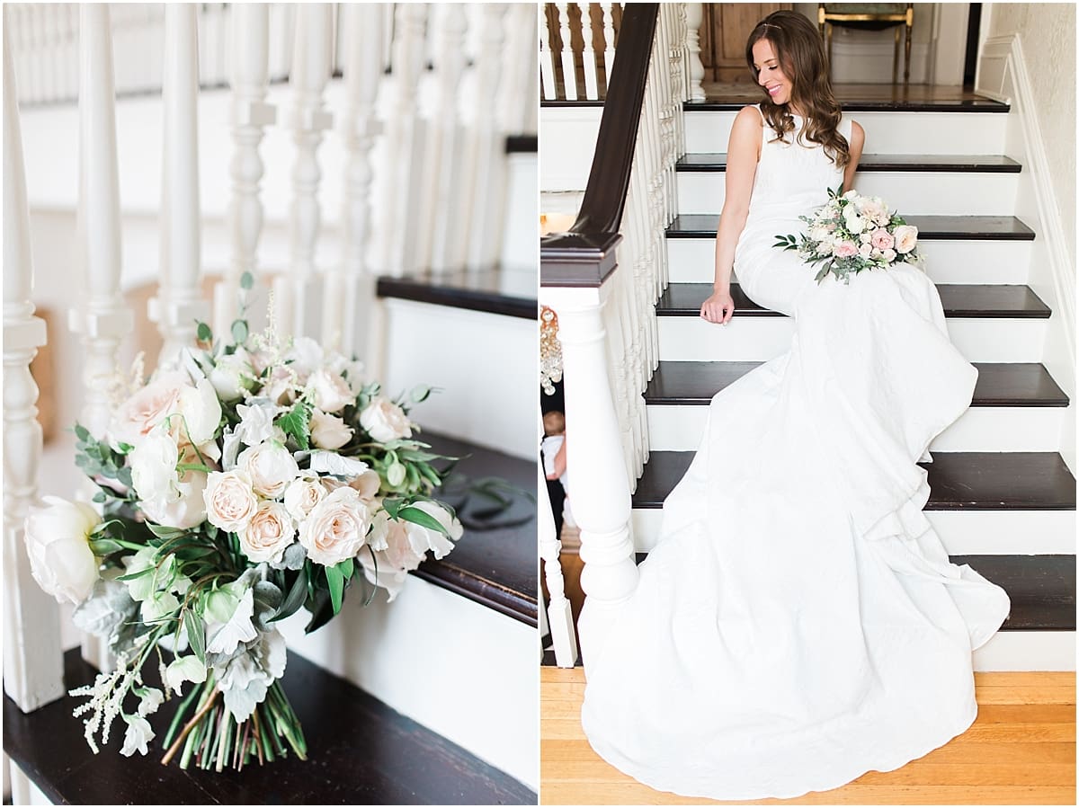 Arielle Peters Photography | Bride sitting on stairwell inside cathedral on wedding day at the Basilica of the Sacred Heart in Notre Dame, Indiana.