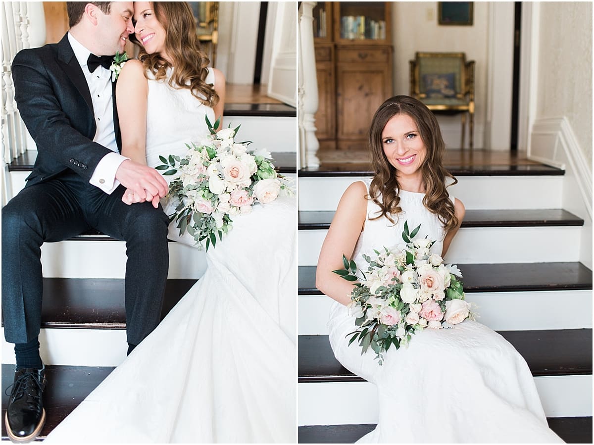 Arielle Peters Photography | Bride and groom sitting on stairwell inside cathedral on wedding day at the Basilica of the Sacred Heart in Notre Dame, Indiana.