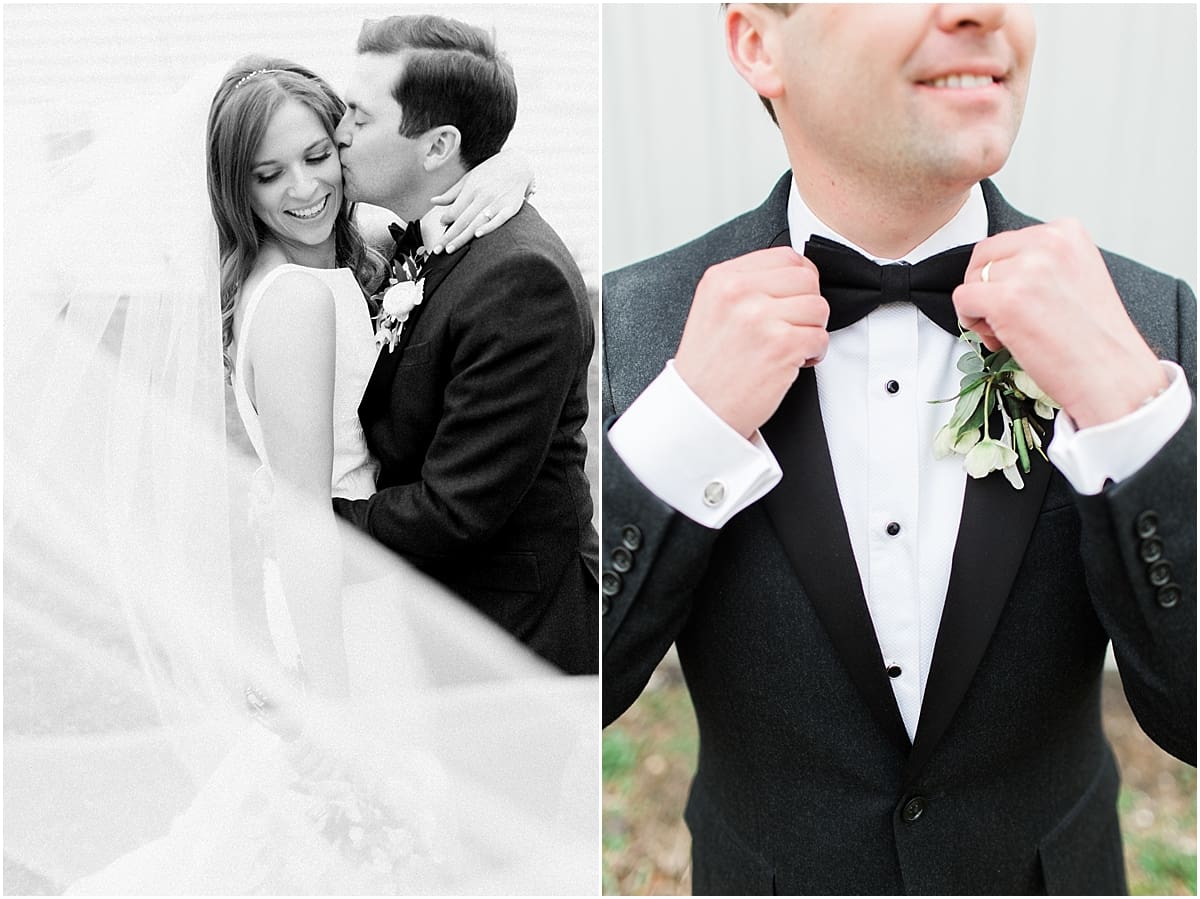 Arielle Peters Photography | Bride and groom kissing in front of barn on wedding day at St. Joseph's Farm in Granger, Indiana.