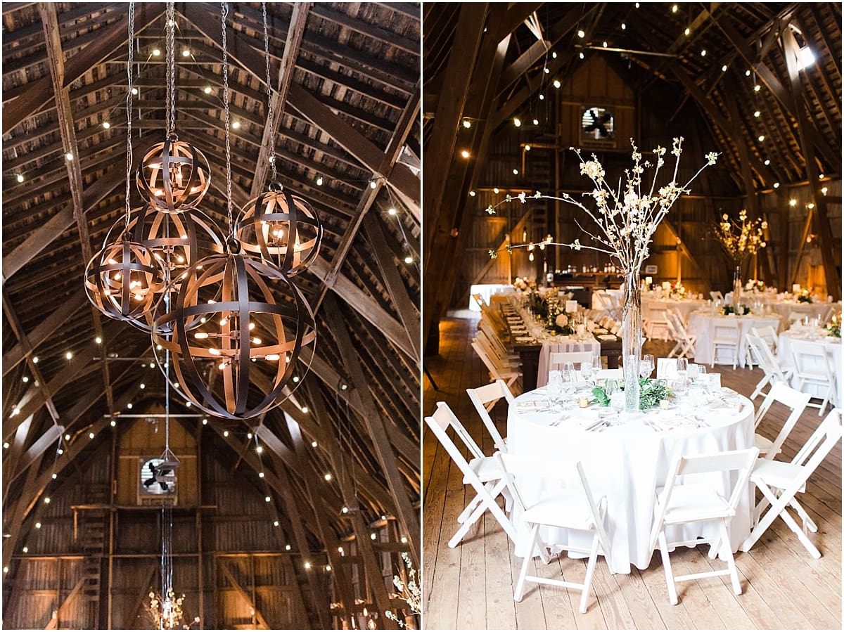 Arielle Peters Photography | Barn wedding reception table settings and floral arrangements on wedding day at St. Joseph's Farm in Granger, Indiana.