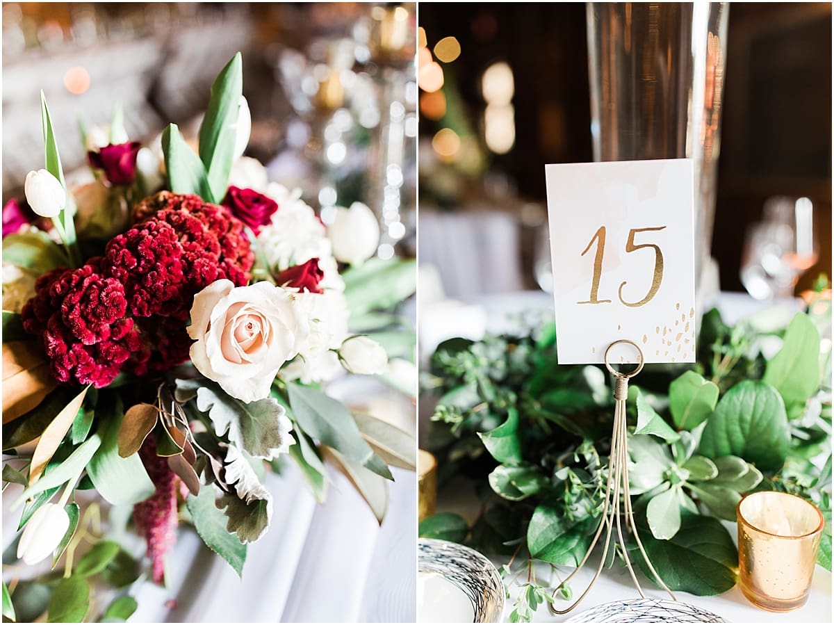 Arielle Peters Photography | Barn wedding reception table settings and floral arrangements on wedding day at St. Joseph's Farm in Granger, Indiana.