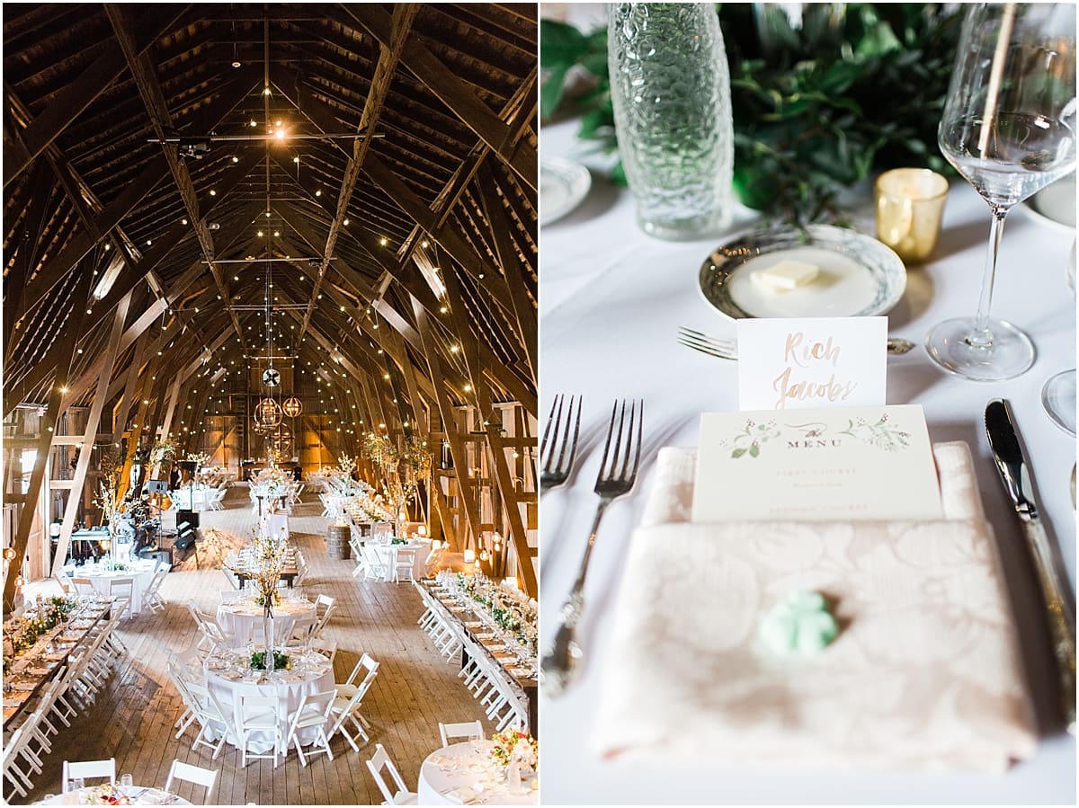 Arielle Peters Photography | Barn wedding reception table settings and floral arrangements on wedding day at St. Joseph's Farm in Granger, Indiana.