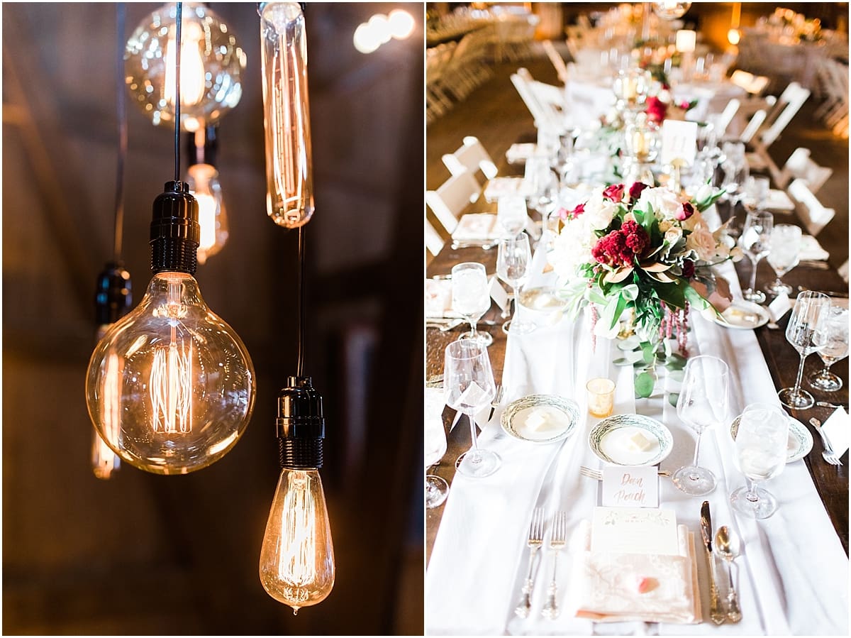 Arielle Peters Photography | Barn wedding reception table settings and floral arrangements on wedding day at St. Joseph's Farm in Granger, Indiana.