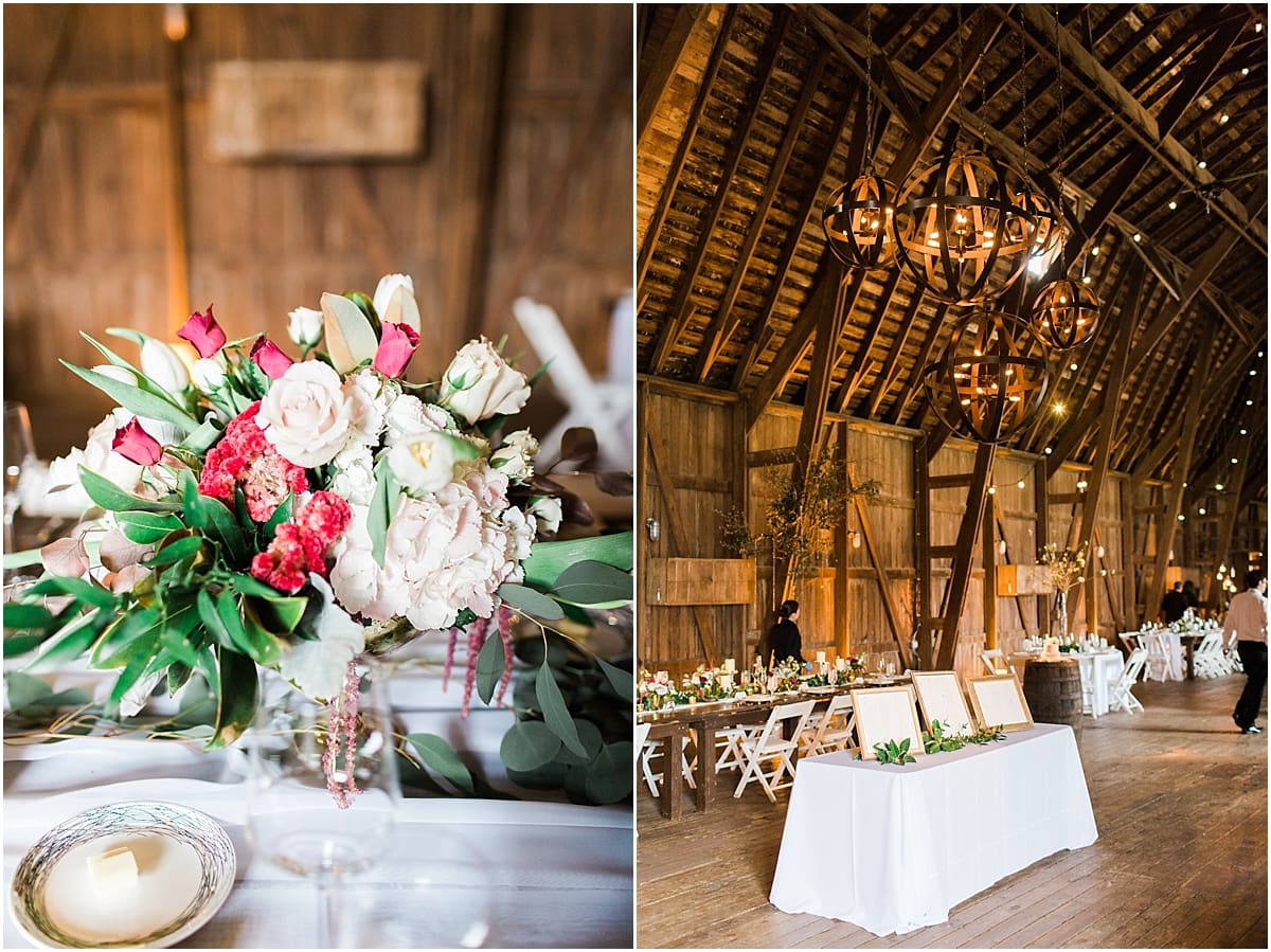 Arielle Peters Photography | Barn wedding reception table settings and floral arrangements on wedding day at St. Joseph's Farm in Granger, Indiana.